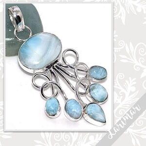 Larimar Eclectic Silver Artisan Pendant, 2.5” (Light Blue with White)